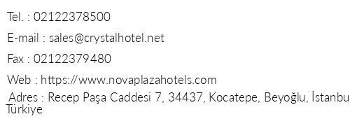 Nova Plaza Crystal Hotel telefon numaralar, faks, e-mail, posta adresi ve iletiim bilgileri